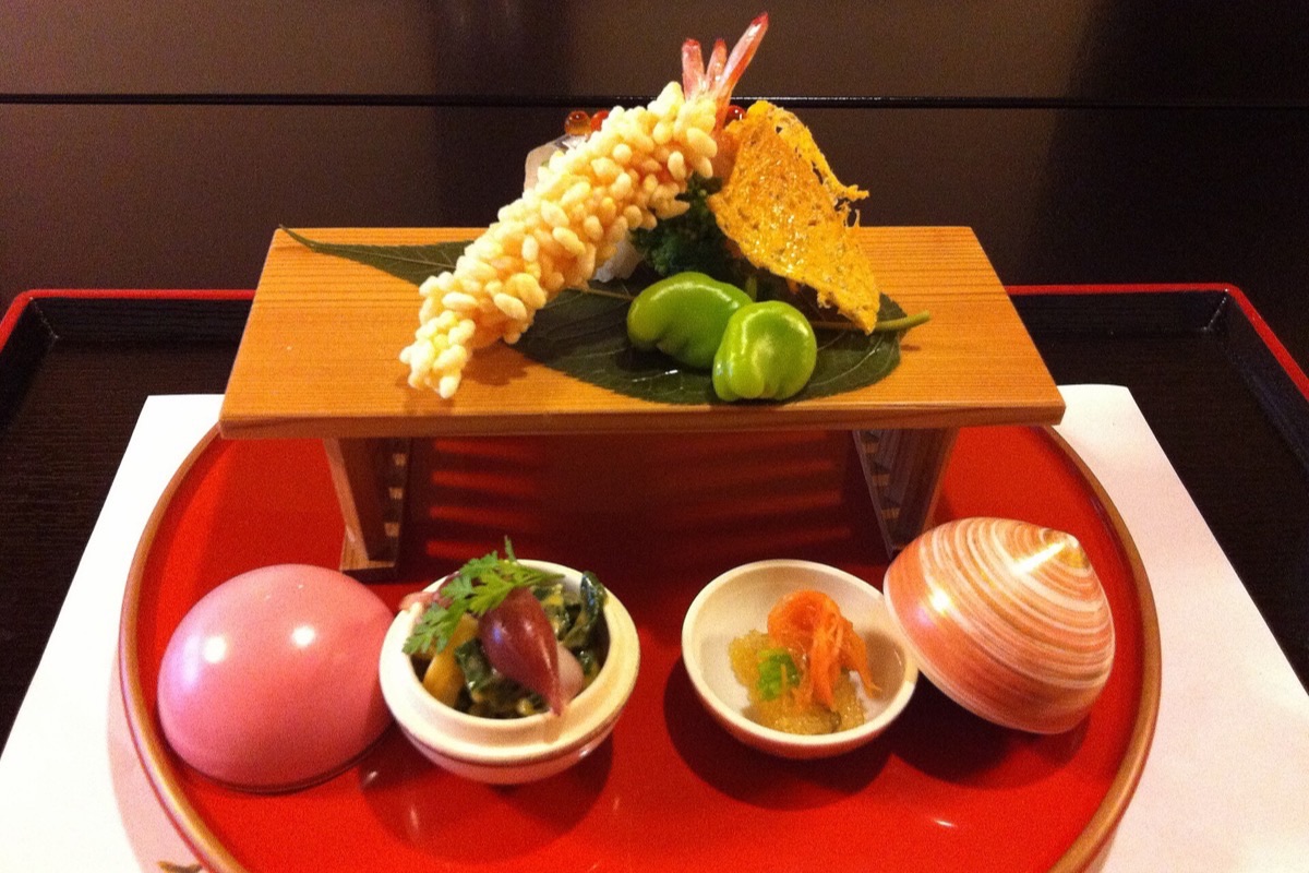Traditional Japanese kaiseki meal beautifully plated in Kyoto